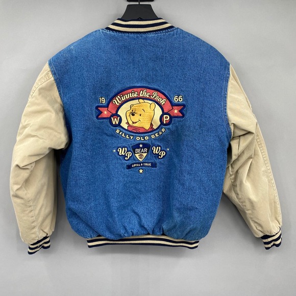 Disney Catalog Winnie the Pooh Vintage Denim Varsity Jacket Blue Tan size Small - Picture 10 of 16